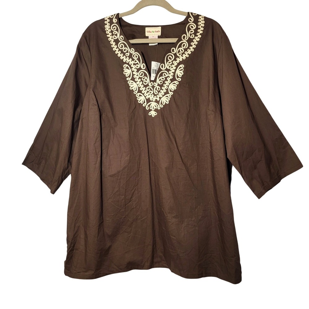 NWT Toffee Apple Brown Cotton Soutache Trim Embroidered V-Neck Tunic XXL Boho